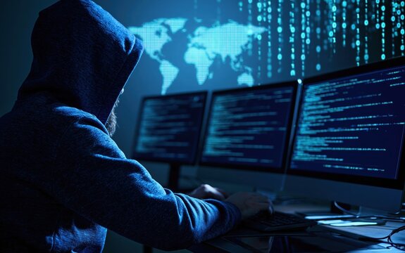 Hacker in a hoodie working on computer code with a digital cyber security network map in a dark office background