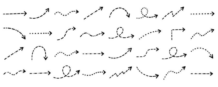 Hand drawn dashed arrows set, 32 black sketch arrow icons. Handcrafted dotted line pointers, minimalist vector collection for infographics.