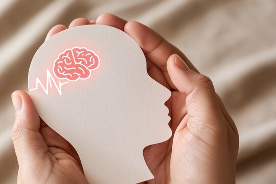 Hands holding paper head with glowing brain
