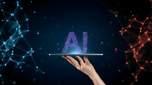 Human hand holding a digital tablet with a glowing ai circuit board symbol against a background of blue and red connected network nodes
