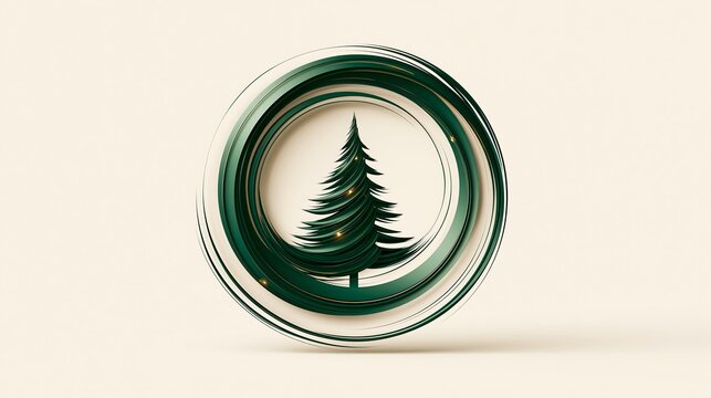 Minimalist Christmas tree medallion emblem inside circular glossy ceramic ring on beige.