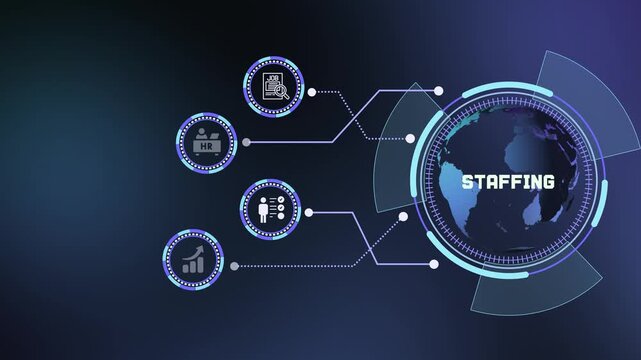 Corporate global staffing technology and human resource icons connected on dark blue futuristic background