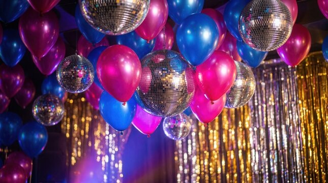 A decorated venue for an adult prom with a nostalgic feel, adorned with disco balls, streamers, and bright balloons.