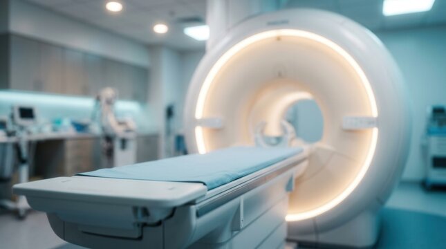 A calm medical environment showing a medium shot of a patient table and pediatric-friendly MRI gantry with soft ambient lighting.
