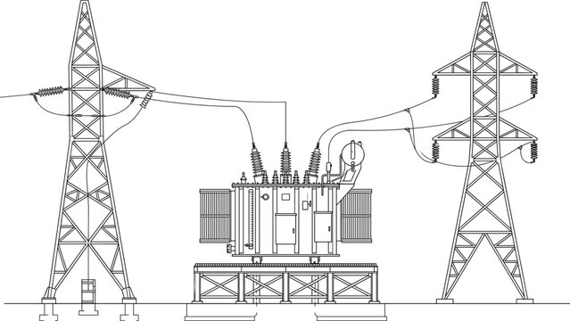 High Voltage Electrical Substation with Transmission Towers Transformers and Power Grid Infrastructure