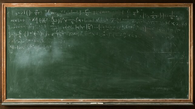 Green chalkboard filled with complex mathematics equations