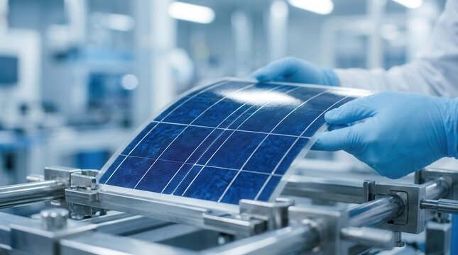 Innovation in renewable energy technology featuring gloved hands examining a thin film flexible solar panel in a modern manufacturing plant
