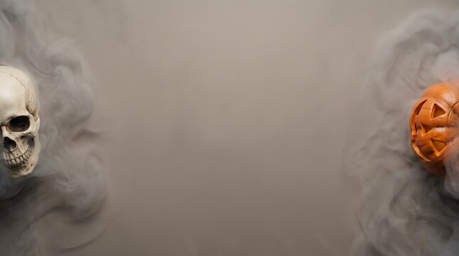 Halloween minimal backdrop with skull and glowing pumpkin on sides surrounded by thick white fog.