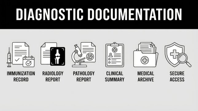 Medical diagnostic documentation types and secure record management icons in clinical setting with illustrate immunization records radiology reports pathology