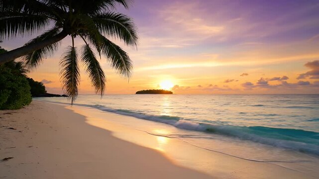 Tropical beach sunset with a lone island, gentle waves, and palm tree