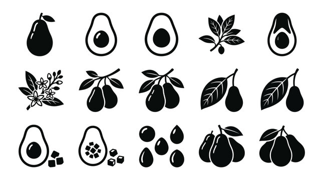 Avocado and fig fruit icons set.