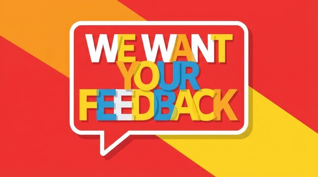 Colorful speech bubble asking for audience feedback on service with highlights request audience feedback bold multicolored multicolored letters