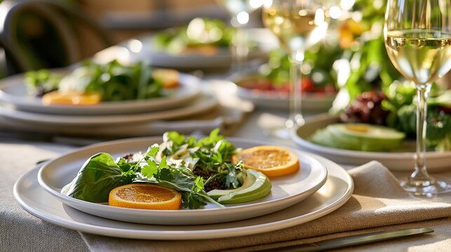 Close up of fresh salad plates with wine