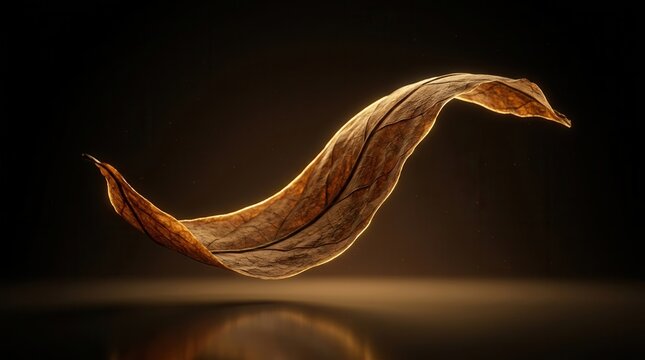 Single pristine cigar wrapper leaf softly curling around a glowing cigar silhouette, captured in a closeup view with cinematic rim lighting and a dark gradient backdrop.
