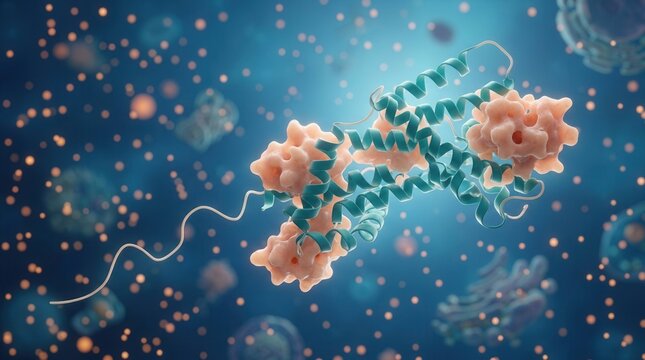 In a glowing cell interior, a ribbon-like protein with a loose, flexible N-terminal tail evades nearby degradation machinery.