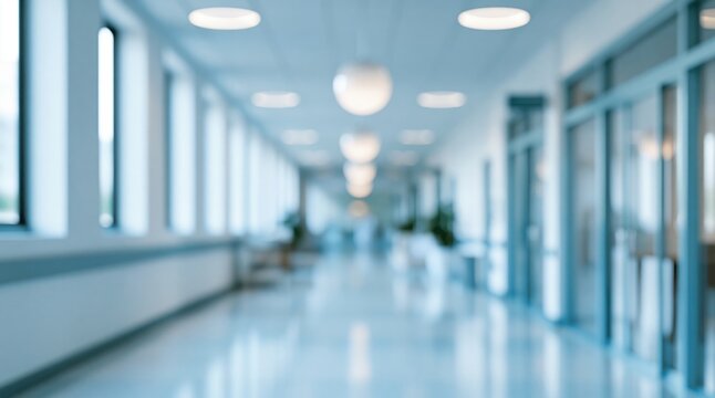 blurred modern office hallway with blue lighting