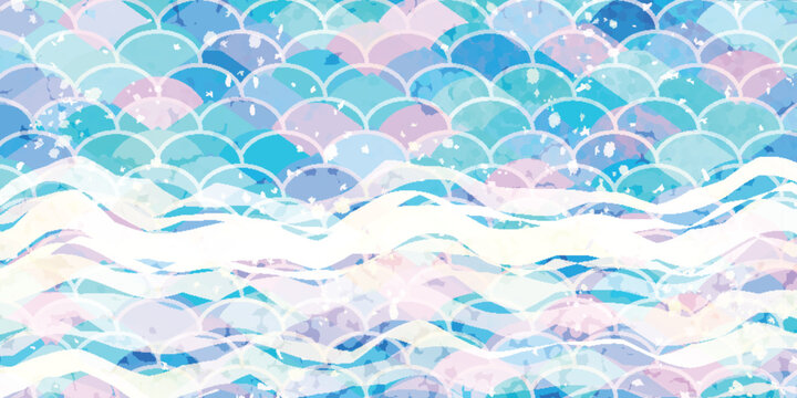 Abstract Japanese Mermaid Scale Pattern with Watercolor Waves