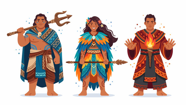 Three Polynesian warriors in traditional attire, one holding a trident, another a spear, and the third with fire emanating from his hands.