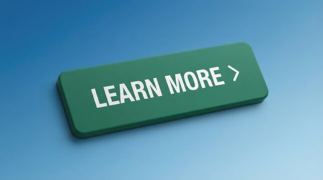 Green button with learn more text and arrow pointing right on plain background with arrow against solid solid blue backdrop three dimensional