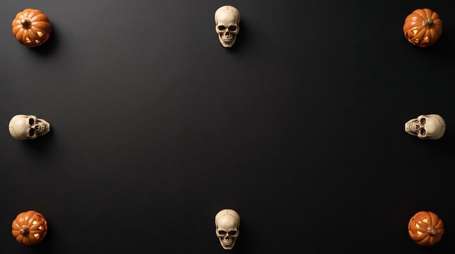 Symmetrical halloween pattern with pumpkins and skulls on black background for spooky wallpaper design.
