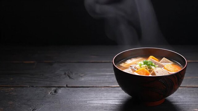 Hearty japanese pork miso soup tonjiru with vegetables and tofu in wooden lacquer bowl with steam