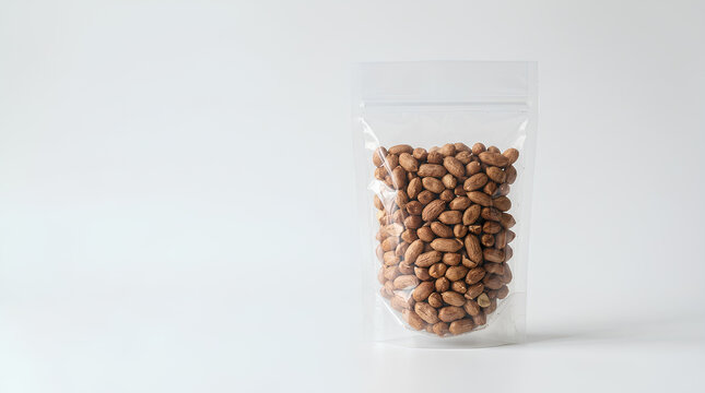 Transparent ziplock pouch filled with peanuts on white background