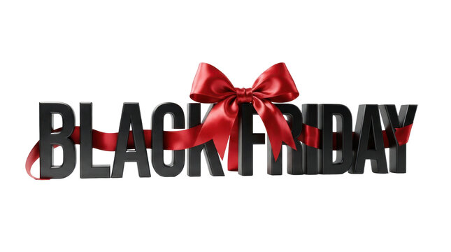 Black Friday Sale Gift: Bold Black Friday text adorned with a festive red ribbon and bow, signifying a special promotional event and an opportunity for gift-giving.