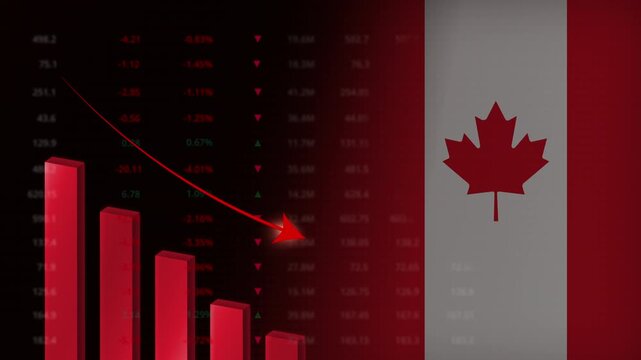 Economic crisis in Canada concept background.Red falling graph animation with Canadian flag.Stock market crash