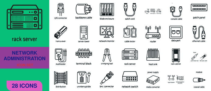 Network Administration Icons Set, 28 Icons, Rack Server, Patch Panel