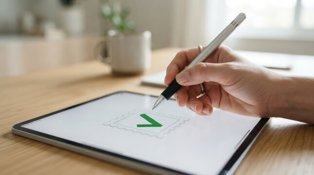 Hand signing digital document with stylus on tablet in home office setting with Hand uses stylus mark checkmark digital form tablet screen digital signature
