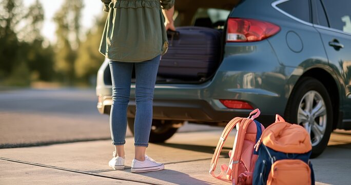 Woman loading suitcase into car trunk for road
