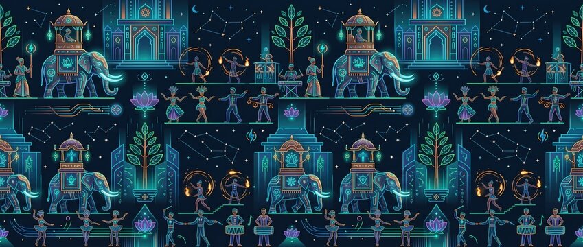 Neon vector pattern featuring elephants and traditional dancers in dark blue