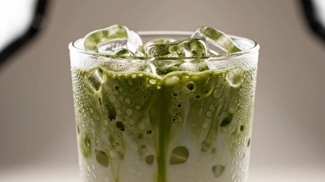 Macro close-up of iced matcha latte in glass with condensation droplets. Green tea swirls mixing with white milk and ice cubes as liquid pours. Studio lighting on neutral background.