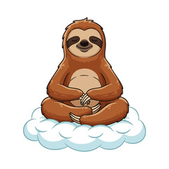 Fototapeta premium Cute cartoon sloth sitting cross-legged on fluffy white clouds, concept for children's education, relaxation therapy, and eco-friendly branding