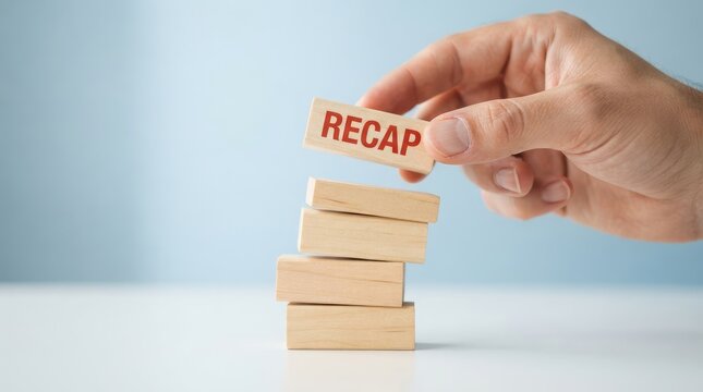Hand placing recap block on top of stacked wooden blocks with carefully balances labeled small stack wooden block onto professional arrangement