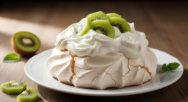 Meringue pavlova dessert topped with whipped cream and fresh kiwi slices on a plate meringue cake fruit dessert