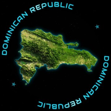 Dominican Republic Satellite Map from Space with Circular Country Title and Cyan Neon Glow. Physical terrain and topographic relief illustration.