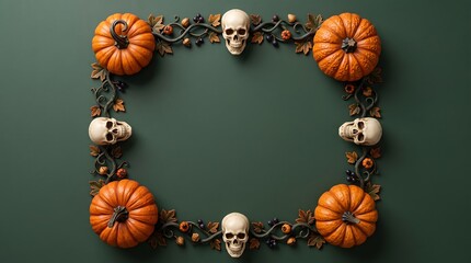 Obraz premium Symmetrical halloween border with pumpkins and skulls on green background for invitation card design.