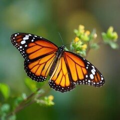 Obraz premium Monarch Butterfly with Bright Orange and Black Wings Resting on Green Plant