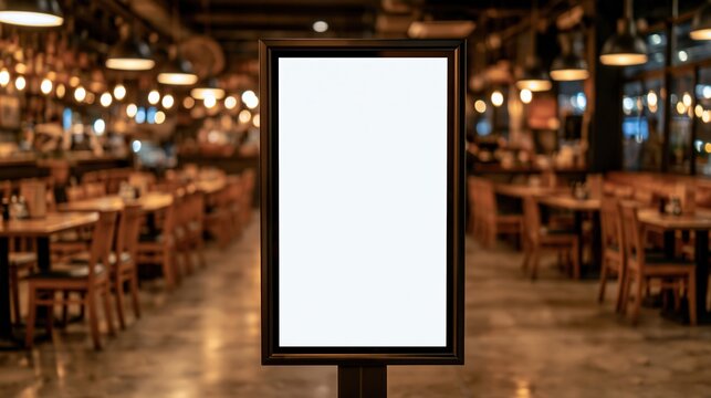 Empty menu board standing in blurred restaurant interior