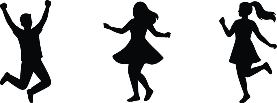 Joyful silhouette of young kids and teenagers jumping and dancing happily isolated on white background vector illustration