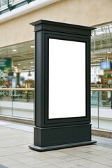 Obraz premium Empty black advertising display stand in modern shopping