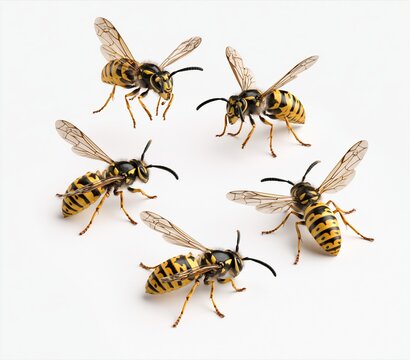 Five yellow and black wasps arranged on white