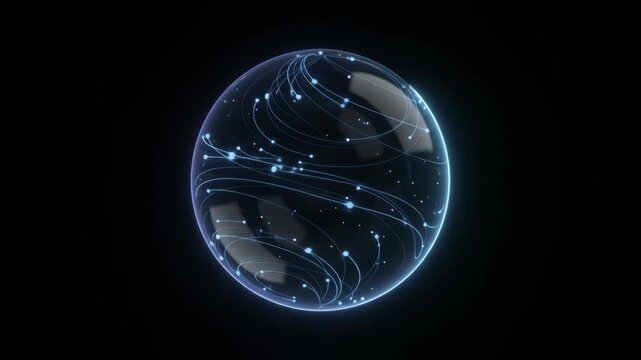 Futuristic Blue Globe and Orange Light Purple Light Glowing Sphere with Network Line Luminous Particle Orbit Technology Communication Digital Globe Against Black Space Background