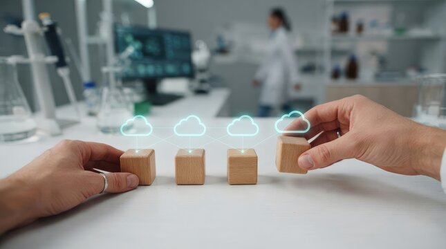 Hands arranging wooden blocks with cloud icons representing digital connectivity in a modern lab setting with systems laboratory environment
