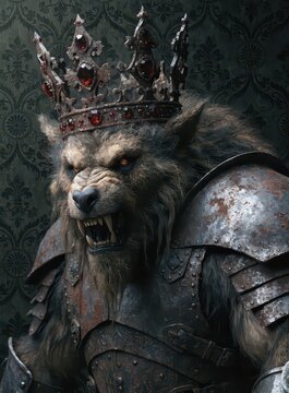 Dark surrealist portrait of a towering werewolf king in armor