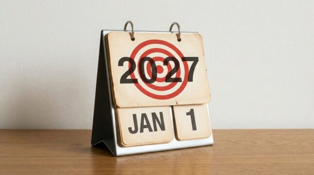 A desk calendar showing january first twenty twenty seven with a red target graphic on a wooden surface