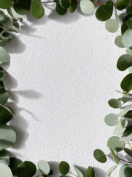 Green eucalyptus leaves frame white textured background