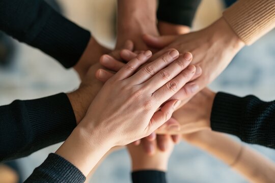 Group of diverse hands stacked together in unity