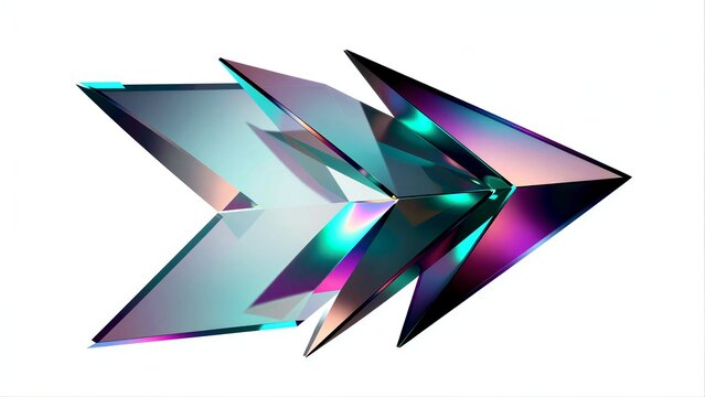 Vibrant, iridescent geometric shapes form a dynamic, abstract arrow pointing forward.